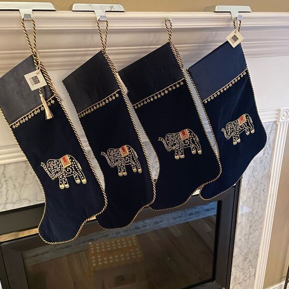 Ten Thousand Villages Beaded Elephant Velour Dark Blue and Gold Stockings x 4 - Picture 15 of 15